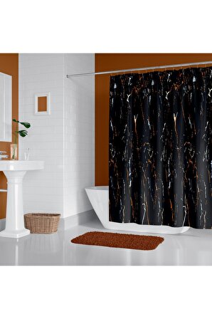 Siyah Mermer Desenli Banyo Perdesi, 180x200cm Duş Perdesi-tek Kanat Duş Perdesi-c Halka Hediyeli