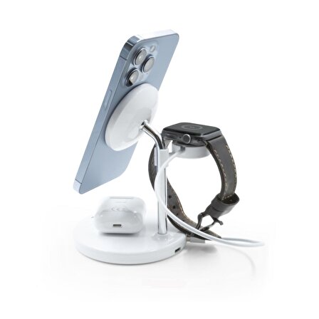 Simex Apple-Samsung-Xiaomi-Huawei 3 ü 1 Arada Wireless Dock Sarj Cihazi Airpods-Watch SPS-05 Beyaz