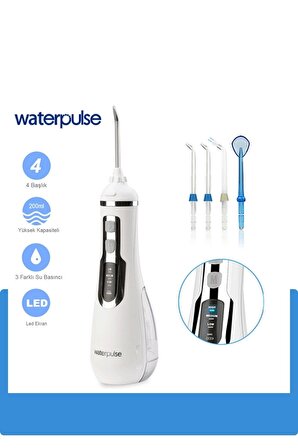 Waterpulse Water Flosser V500 Kablosuz Taşınabilir Ağız Duş Bakım Seti Beyaz
