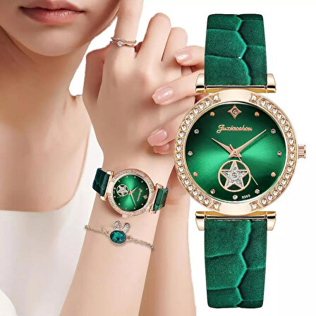  Gogoey Kadın Kol Saati + Bileklik Lüks Moda Şık Trend Bayan Set Saat Yeşil Rose Gold