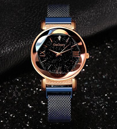 Gogoey Kadın Kol Saati Lüks Moda Şık Trend Bayan Set Saat Mavi Gold Renk + 4 adet bileklik