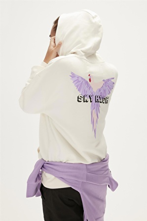 Sky Hoodie Off-White Beyaz Baskılı Kapüşonlu Kadın Sweatshirt 