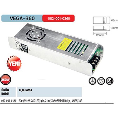 Horoz elektrik Vega-360 12 Volt Dc 30 Amper Slım Tip Fanlı Şerit Led Trafosu 30A 12V