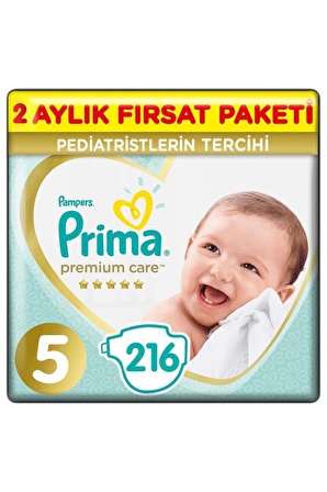 Prima Bebek Bezi Premium Care 5 Beden 216'lı Junior 2 Aylık Fırsat Paketi ( 108'li X 2 )