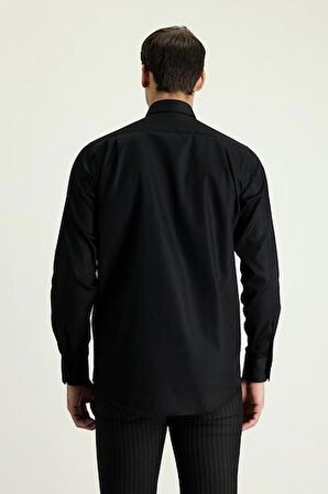 Dormen Classics Erkek Siyah Kolay Ütülenebilir Regular Fit Geniş Kesim Klasik Yaka Cepli Gömlek