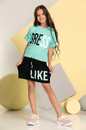 Kız Çocuk Etekli Takım Cepli Etek Basic Tshirt 5-9 Yaş 