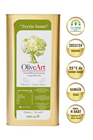 OliveArt 2023/2024 5 Lt Natürel Birinci Zeytinyağı , Iyi Tarım Sertifikalı, Soğuk Sıkım, Filtresiz