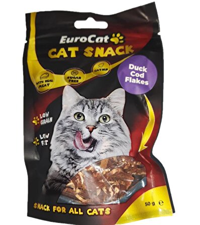 EuroCat Tahılsız Şekersiz Kurutulmuş Et Cat Duck Cod Flakes Kedi Ödülü 50 Gr