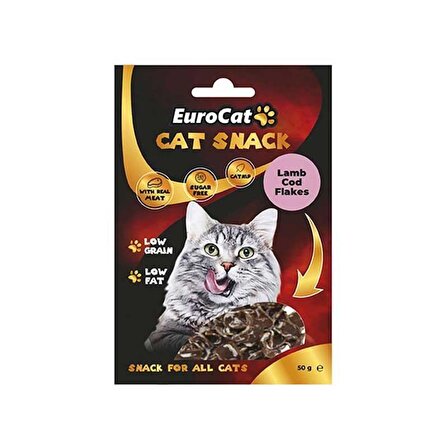 EuroCat Tahılsız Şekersiz Kurutulmuş Et Cat Lamb Cod Flakes Kedi Ödülü 50 Gr
