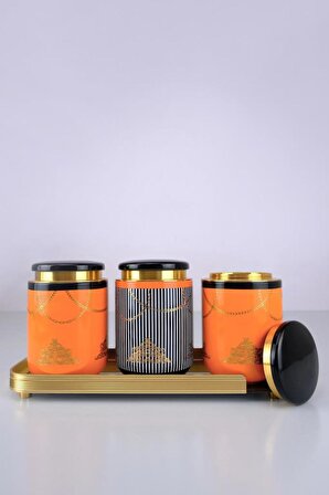 Acar 3’lü Porselen Baharatlık ve Cam Tepsili Çay Şeker Tuz Kavanoz Takımı Seti - KOH-05836