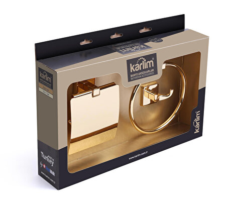 Karlim® Milet Serisi Gold Kaplama 3'lü Aksesuar Set ( Yuvarlak Havuluk - İkili Askılık - Kapaklı Kağıtlık 12 cm )