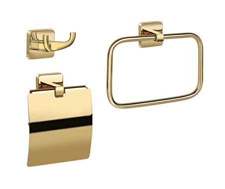 Karlim® Milet Serisi Gold Kaplama 3'lü Aksesuar Set ( Kare Havuluk - İkili Askılık - Kapaklı Kağıtlık 12 cm )