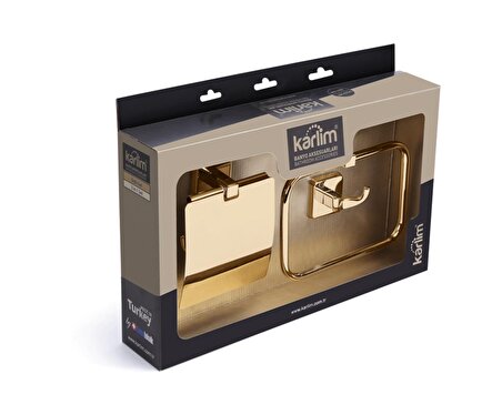 Karlim® Milet Serisi Gold Kaplama 3'lü Aksesuar Set ( Kare Havuluk - İkili Askılık - Kapaklı Kağıtlık 12 cm )