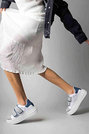 Kadın Beyaz Mavi Yüksek Topuklu Spor Ayakkabı , Snekaer