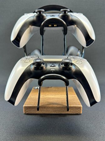 Ceviz Ahşap Ve Siyah Metal Gaming Ps4 Ps5 Xbox Joystick Kontroller Tutucu Ve Kulaklık Dikey Standı