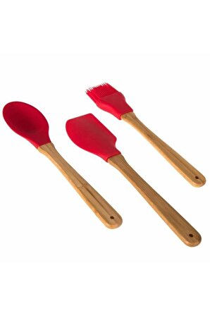 3'lü Bambu Saplı Silikon Kaşık -spatula-fırça Mutfak Seti