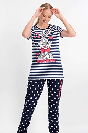 Bugs Bunny Lisanslı Lisanslı Lacivert Kısa Kollu Kadın Pijama Takımı