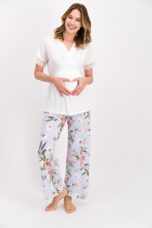Arnetta Floral Pattern Krem Kadın Lohusa Pijama Takımı
