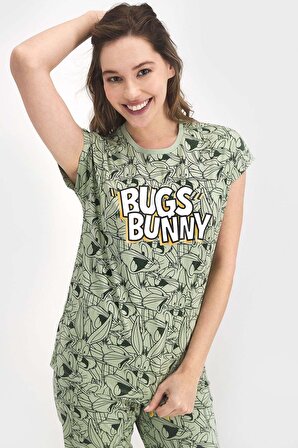 Looney Tunes Lisanslı Bugs Bunny Su Yeşili Kadın Kısa Kol Pijama Takımı