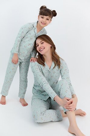 Relax Yeşilmelanj Kız Çocuk Gömlek Pijama Takımı