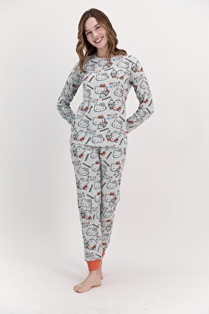 Hello Kitty Lisanslı Yeşilmelanj Kadın Pijama Takımı