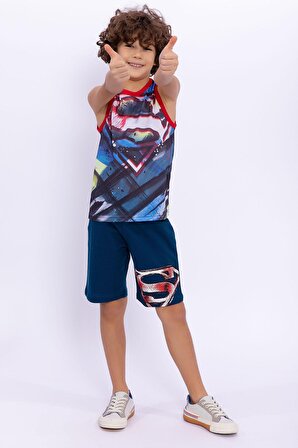 Superman Lisanslı Uzay Mavisi Erkek Çocuk Kolsuz Bermuda Takımı