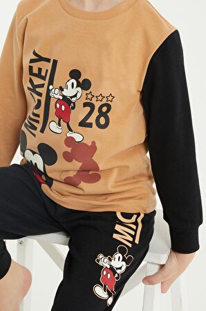 Mickey Mouse Lisanslı Bej Erkek Çocuk Uzun Kol Pijama Takım
