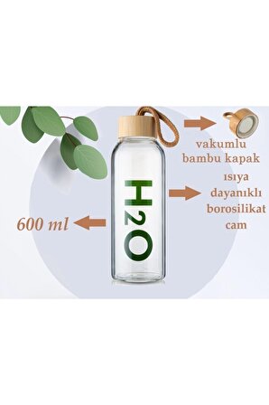 H2o Borosilikat Cam Matara Bambu Vakum Kapaklı Su Şişesi Suluk