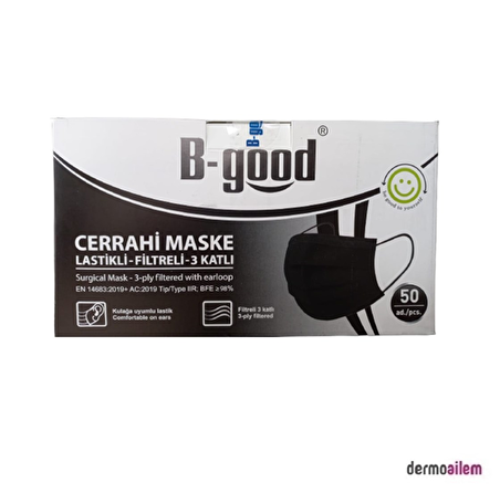 B-Good Lastikli Filtreli 3 Katlı Siyah Cerrahi Maske 50 Adet