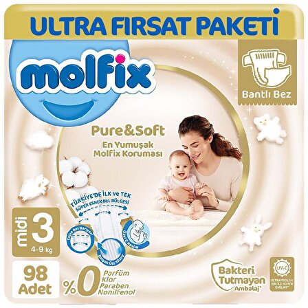 Molfix Pure Soft 3 Numara Midi 98'li Bel Bantlı Bez