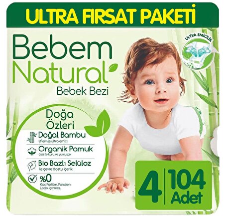 Bebem Natural Bebek Bezi Ultra Fırsat Paketi 4 Beden 104 Adet