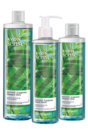 Avon Senses Secret Lagoon Su Meymeleri ve Misk Kokulu Duş Jeli ve Sıvı El Sabunu Paketi