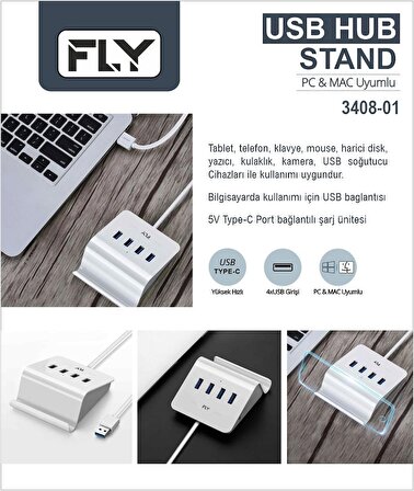 FLY-3408-01 TYPE-C UÇLU 4'LÜ USB ŞARJ STANDI,PC-MA