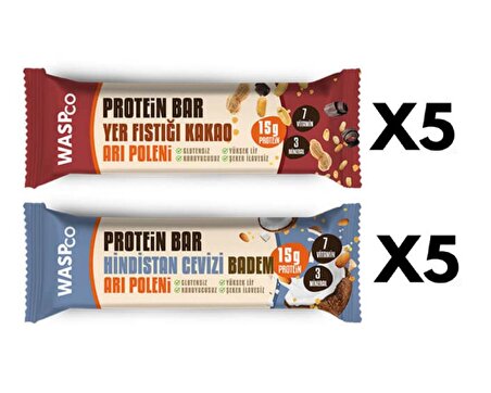 WaspCo Sporcu Protein Bar 50 gr 10 Adet Yer Fıstığı & Kakao ve Hindistan Cevizi & Badem