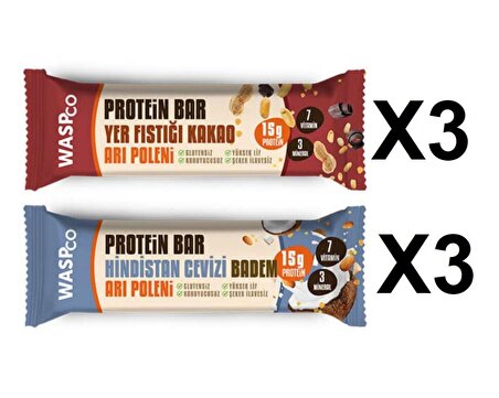 WaspCo Sporcu Protein Bar 50 gr 6 Adet Yer Fıstığı & Kakao ve Hindistan Cevizi & Badem