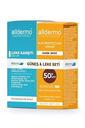 Alldermo 50+ Faktör Renksiz Yüz Güneş Koruyucu Krem 50 ml + Alldermo Leke Karşıtı Serum