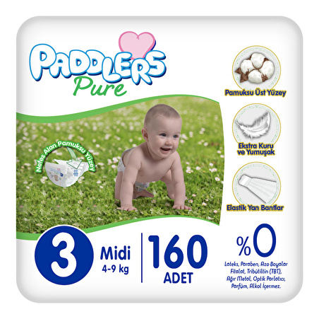 Paddlers Pure Bebek Bezi 3 Numara Midi 160 Adet (4-9 Kg) Ekstra Aylık Paket