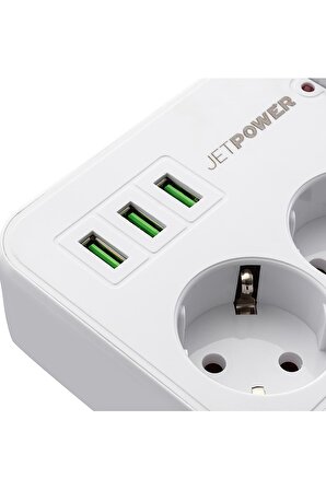 MF Product Jettpower 0370 Akım Korumalı 3 USB'li 3'lü Grup Priz 2 m Uzatma Kablosu Beyaz	