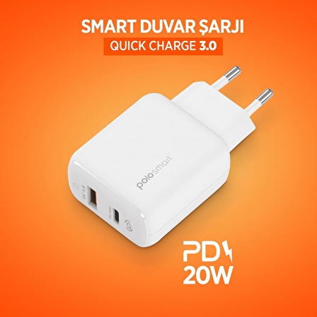 Polosmart Lightning - Type-C Hızlı Şarj Aleti Beyaz