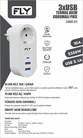 FLY-3400-01 1'li AKIM KORUMALI PRİZ+2 USB+TYPE-C Ş