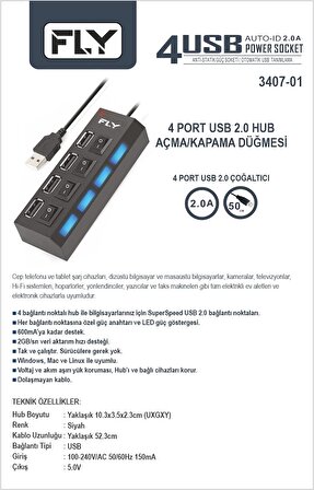 FLY-3407-01 4'LÜ USB ŞARJ,AÇMA KAPAMA,50cm USB KAB