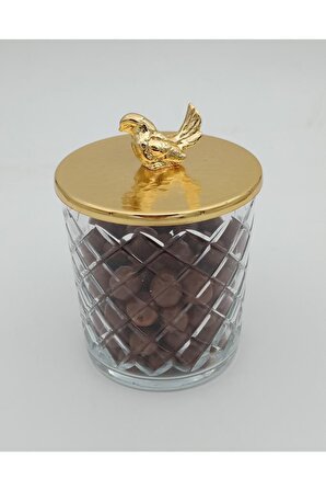 Fidex Home Dekoratif Cam Çerezlik Şekerlik Gold Kuş Kapaklı