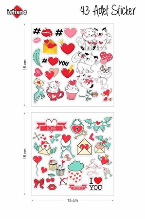43 Adet 1.sınıf Kuşe Sticker Aşk Kalp Laptop Su Şişesi Kaykay Telefon Bavul Etiket Paketi