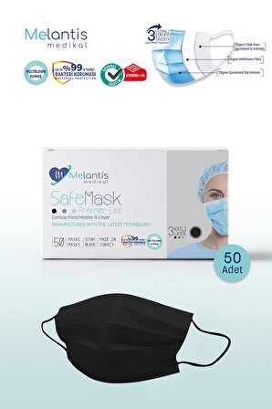 Morven Melantis Medikal Tek Kullanımlık 3 Katlı Telli Cerrahi Maske 1 Kutu 50 Adet Siyah