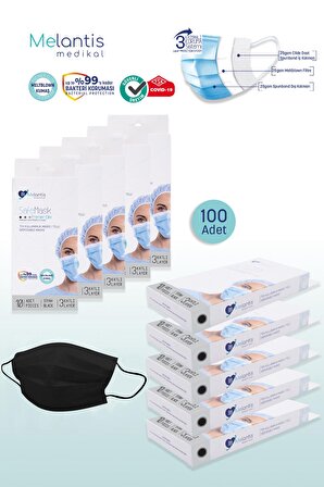 Morven Melantis Medikal Tek Kullanımlık 3 Katlı Telli Cerrahi Maske 10x10'lu Kutu 100 Adet Siyah