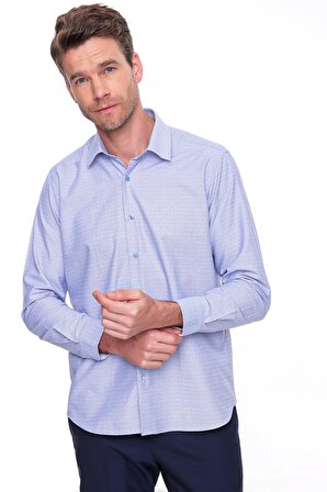  Erkek Mavi Pamuklu Regular Fit Rahat Kesim Sert Yaka Uzun Kollu Gömlek