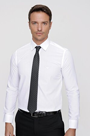  Erkek Beyaz Basic Slim Fit Dar Kesim Düz Sert Yaka Uzun Kollu Gömlek