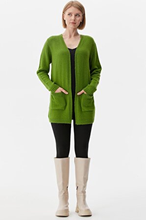 V Yaka Cepli Kadın Triko Ceket - Yeşil