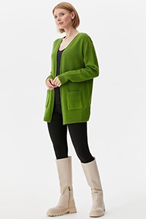 V Yaka Cepli Kadın Triko Ceket - Yeşil