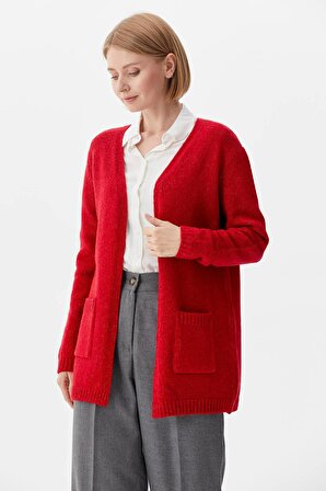V Yaka Cepli Kadın Triko Ceket - Kırmızı